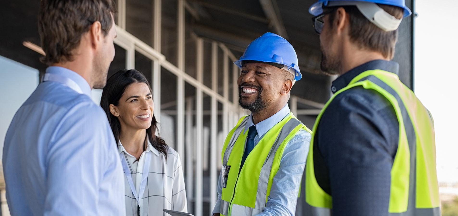 Smiling engineer shaking hands at construction site with happy architect. Handshake between cheerful african construction manager with businessman at bulding site. Team of workers with architects and contractor conclude an agreement with safety uniform.